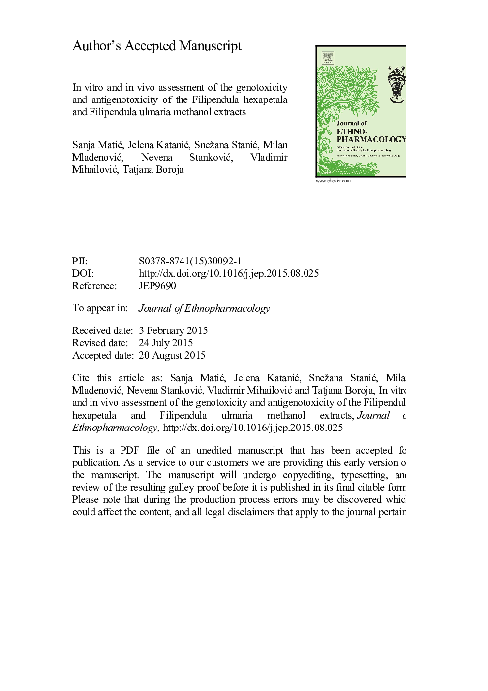 In vitro and in vivo assessment of the genotoxicity and antigenotoxicity of the Filipendula hexapetala and Filipendula ulmaria methanol extracts