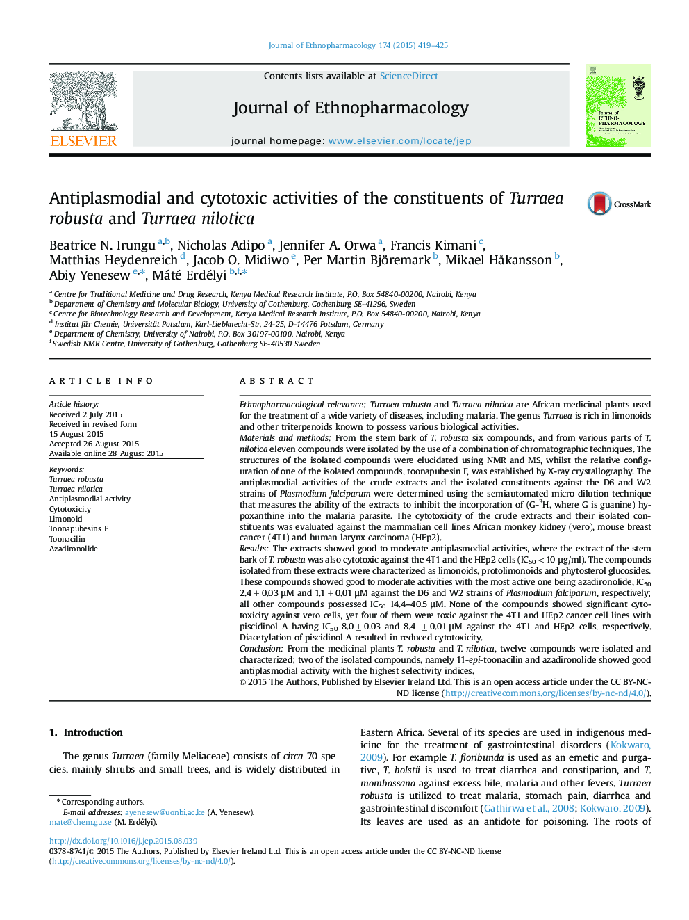 Antiplasmodial and cytotoxic activities of the constituents of Turraea robusta and Turraea nilotica