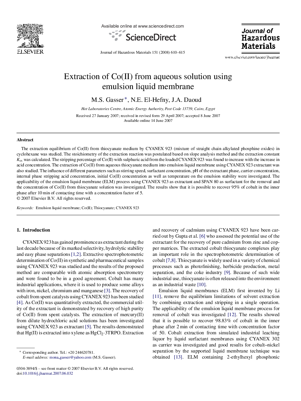 Extraction of Co(II) from aqueous solution using emulsion liquid membrane