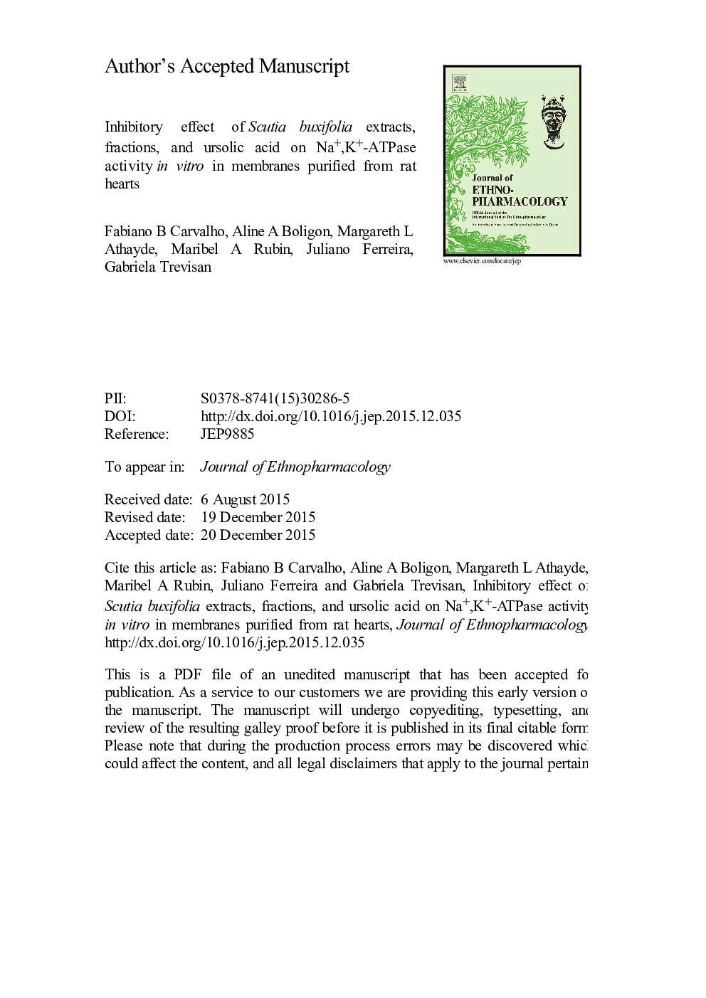 Inhibitory effect of Scutia buxifolia extracts, fractions, and ursolic acid on Na+, K+-ATPase activity in vitro in membranes purified from rat hearts