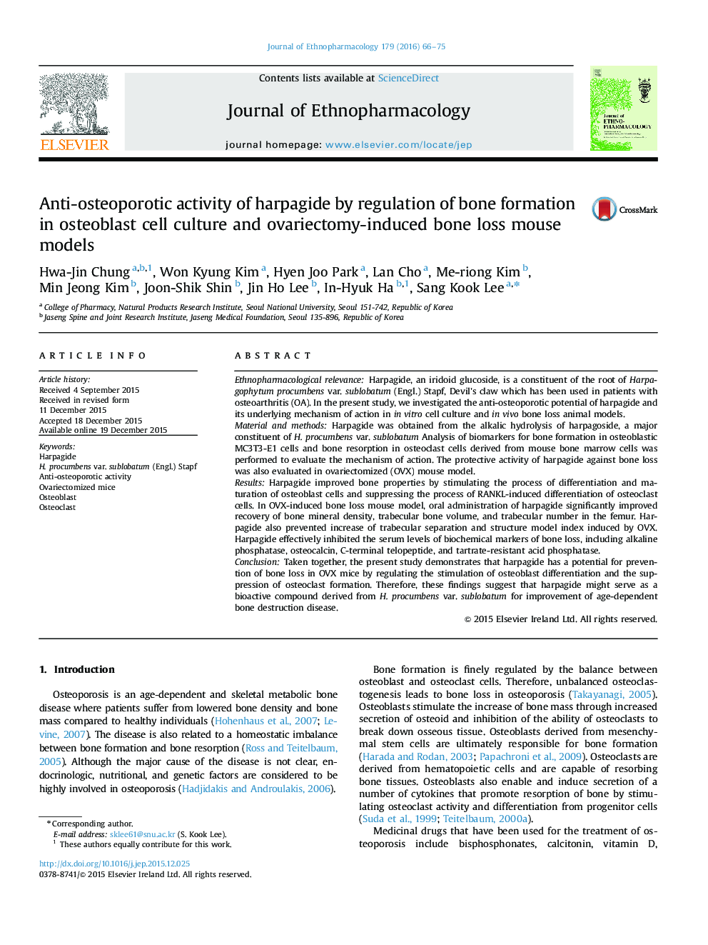 Anti-osteoporotic activity of harpagide by regulation of bone formation in osteoblast cell culture and ovariectomy-induced bone loss mouse models