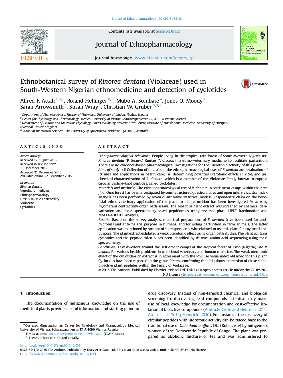 Ethnobotanical survey of Rinorea dentata (Violaceae) used in South-Western Nigerian ethnomedicine and detection of cyclotides