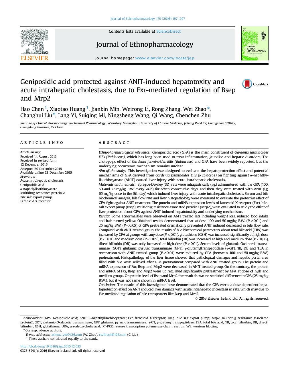 Geniposidic acid protected against ANIT-induced hepatotoxity and acute intrahepatic cholestasis, due to Fxr-mediated regulation of Bsep and Mrp2