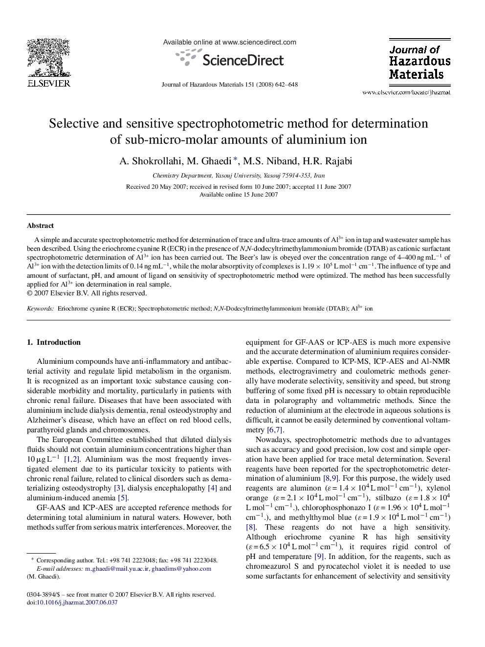 Selective and sensitive spectrophotometric method for determination of sub-micro-molar amounts of aluminium ion