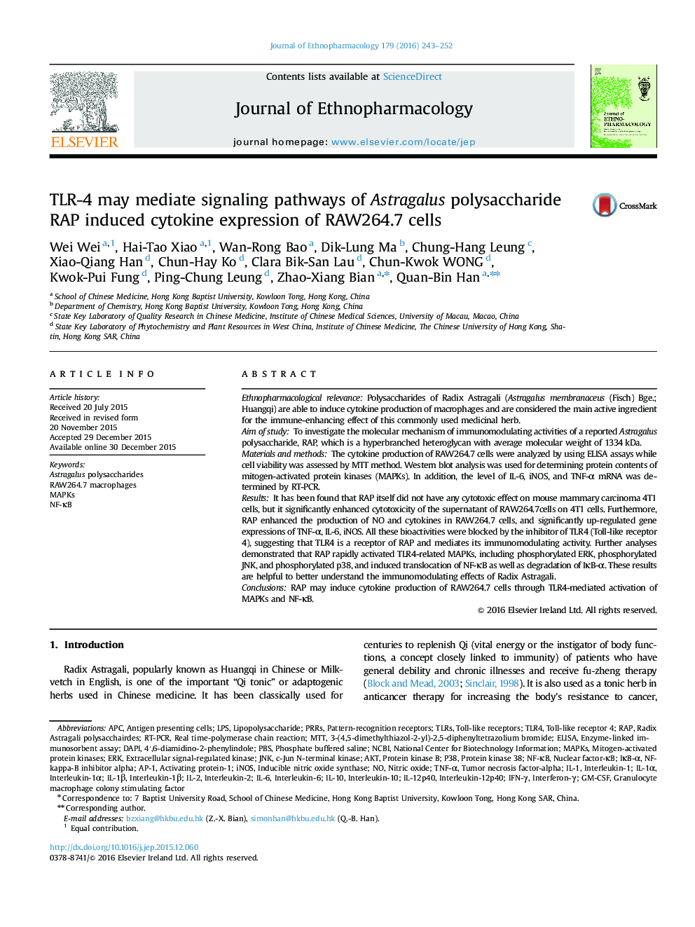 TLR-4 may mediate signaling pathways of Astragalus polysaccharide RAP induced cytokine expression of RAW264.7 cells