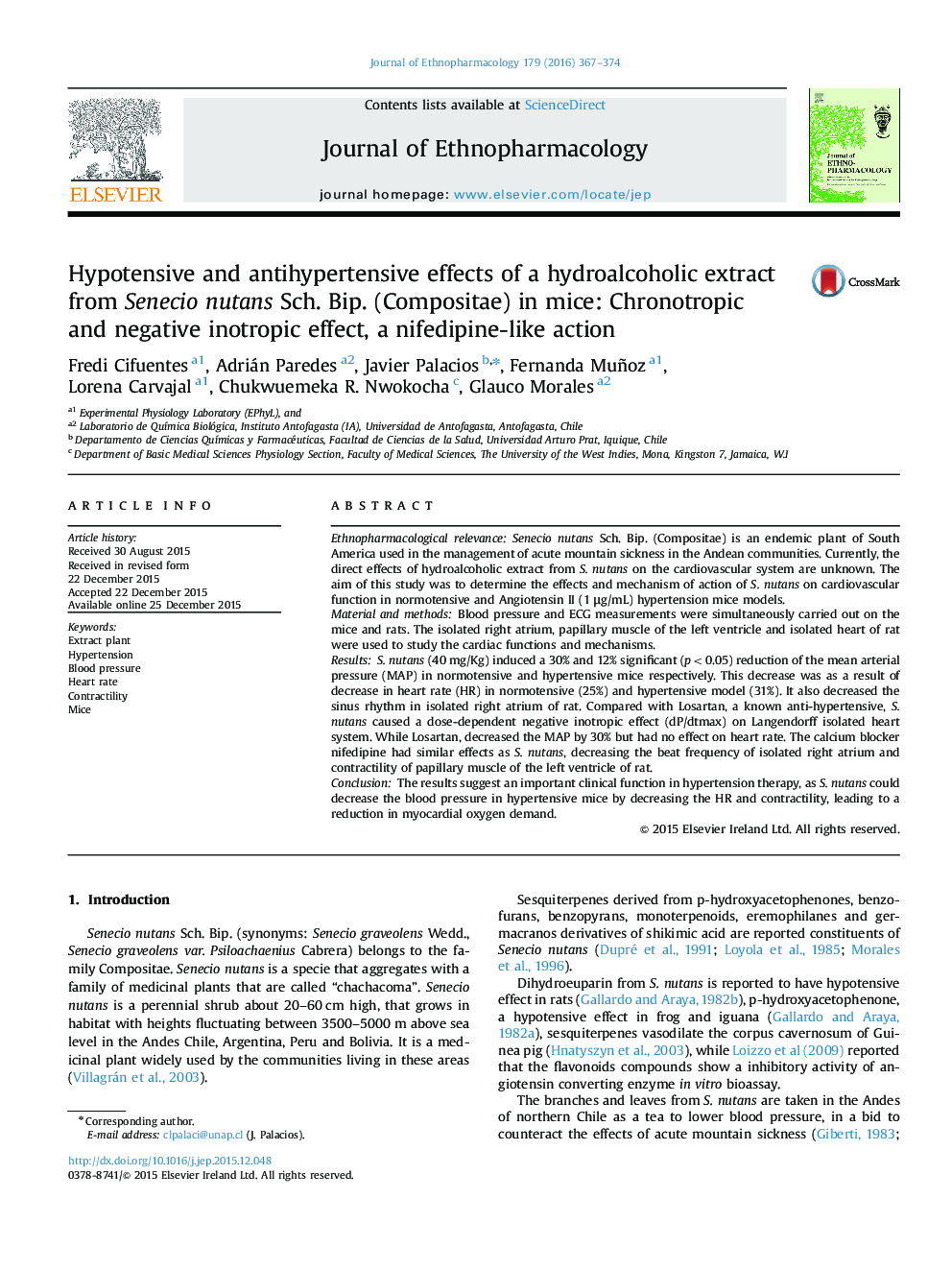 Hypotensive and antihypertensive effects of a hydroalcoholic extract from Senecio nutans Sch. Bip. (Compositae) in mice: Chronotropic and negative inotropic effect, a nifedipine-like action