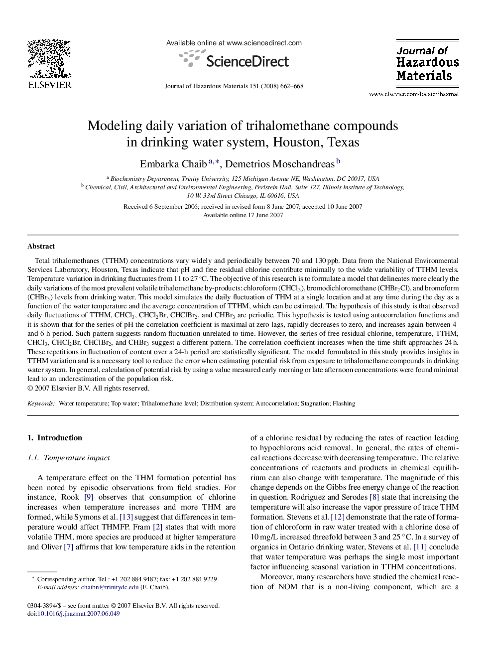 Modeling daily variation of trihalomethane compounds in drinking water system, Houston, Texas