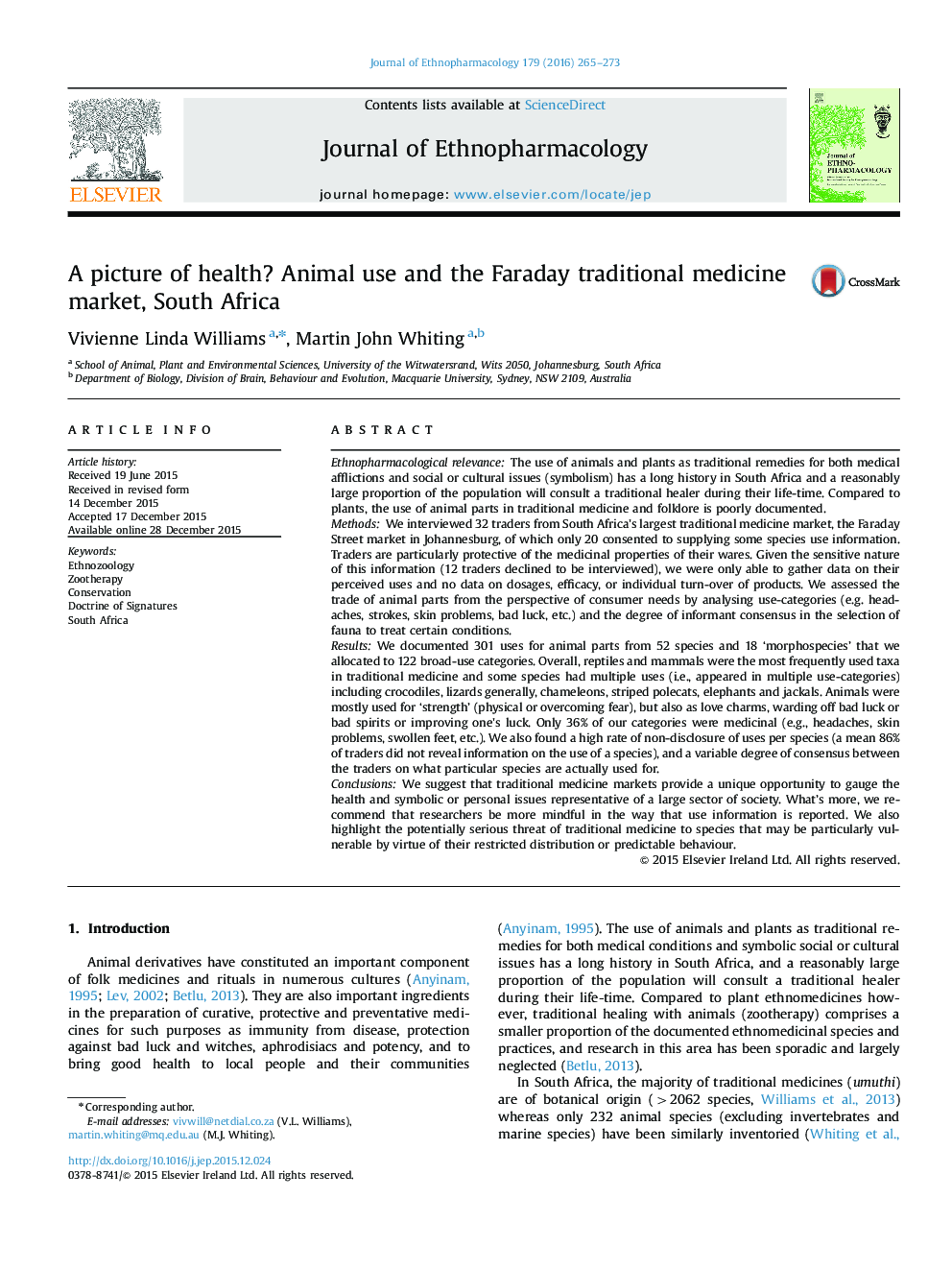 A picture of health? Animal use and the Faraday traditional medicine market, South Africa