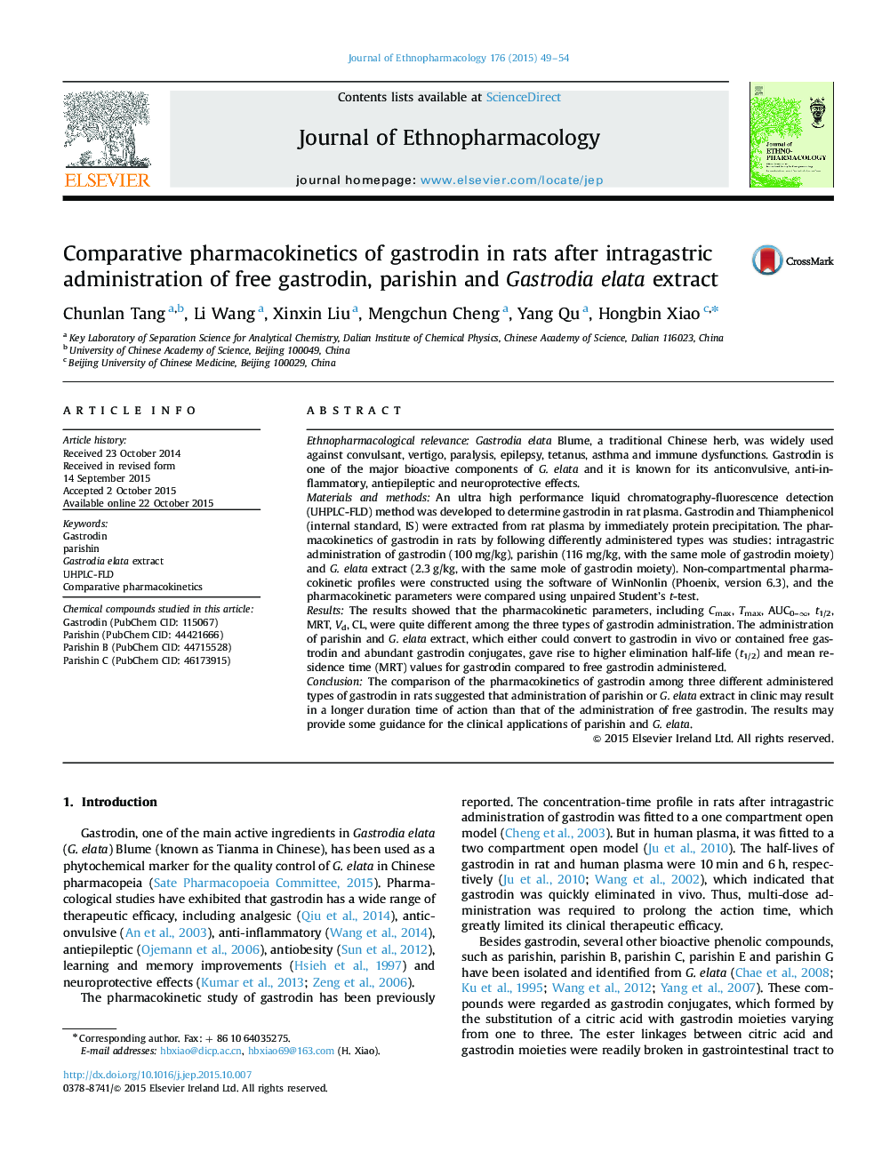 Comparative pharmacokinetics of gastrodin in rats after intragastric administration of free gastrodin, parishin and Gastrodia elata extract