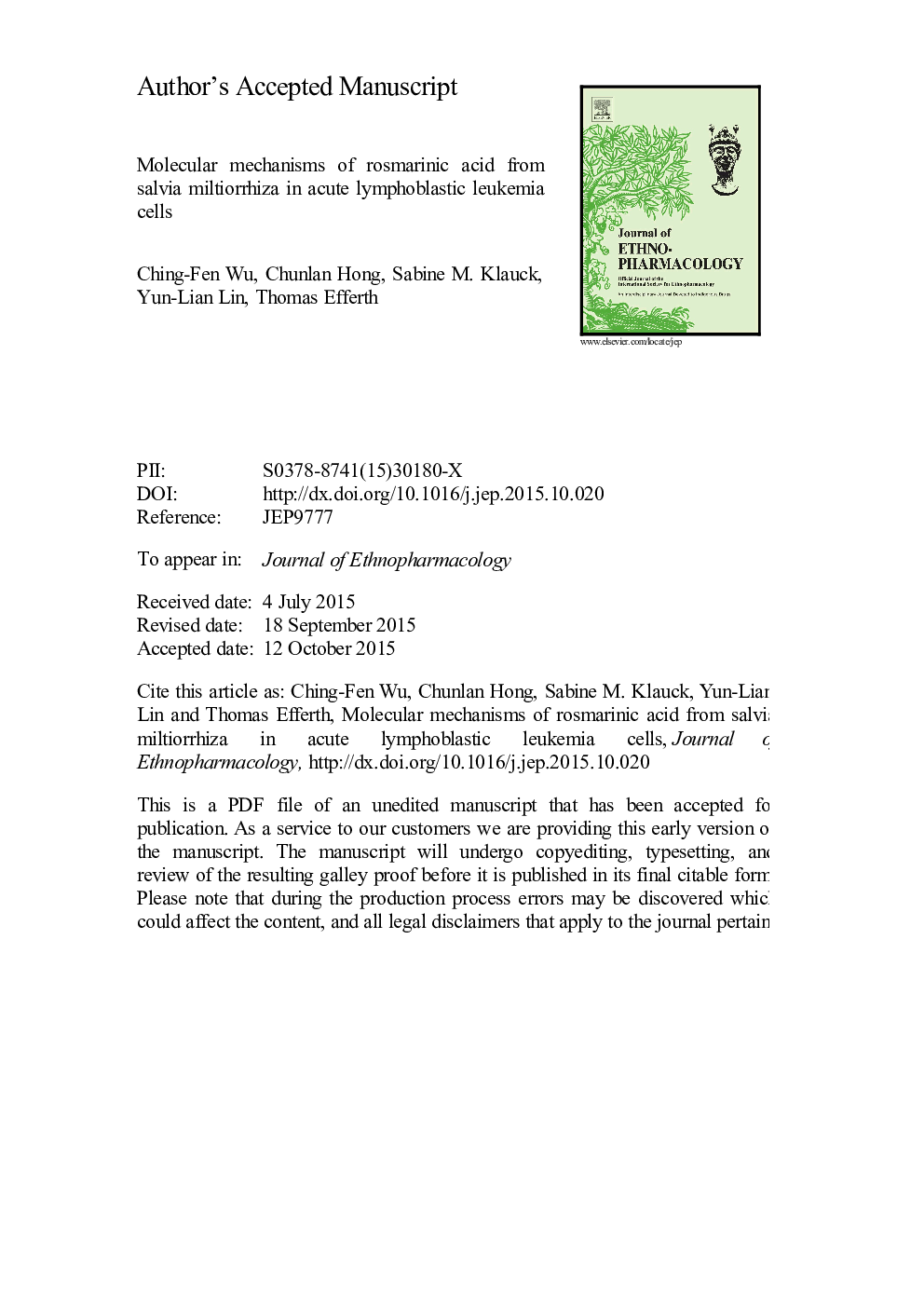 Molecular mechanisms of rosmarinic acid from Salvia miltiorrhiza in acute lymphoblastic leukemia cells