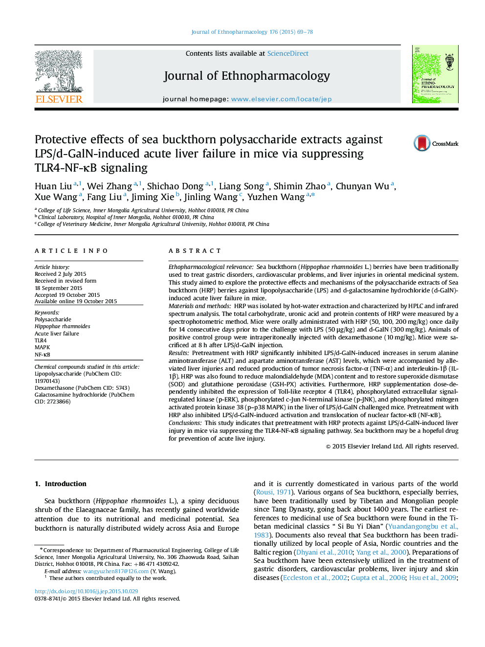 Protective effects of sea buckthorn polysaccharide extracts against LPS/d-GalN-induced acute liver failure in mice via suppressing TLR4-NF-ÎºB signaling