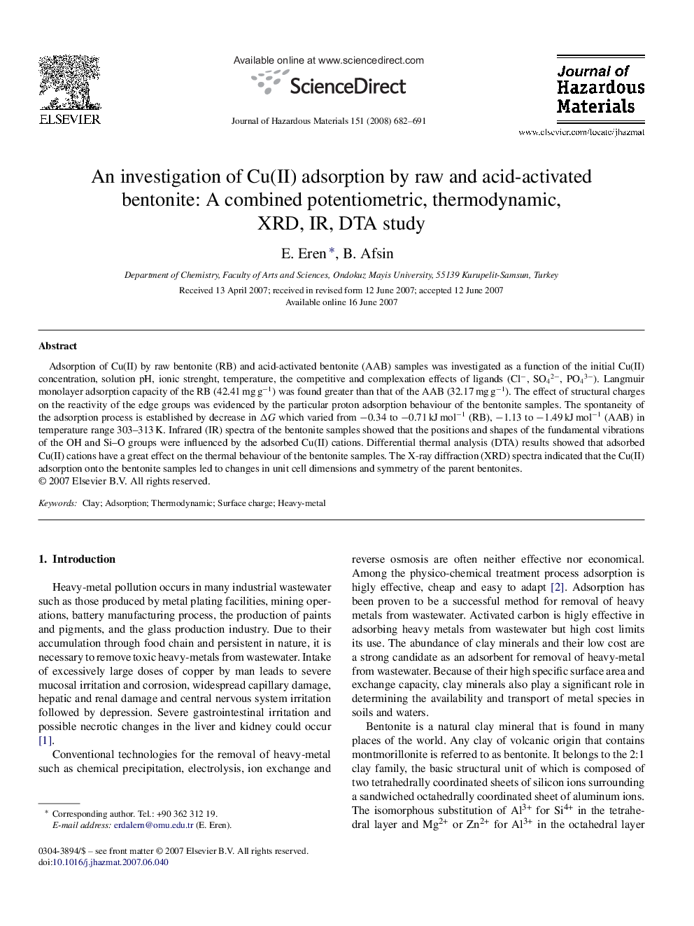 عکس صفحه اول مقاله: An investigation of Cu(II) adsorption by raw and acid-activated bentonite: A combined potentiometric, thermodynamic, XRD, IR, DTA study An investigation of Cu(II) adsorption by raw and acid-activated bentonite: A combined potentiometric, thermodynamic, XRD, IR, DTA study