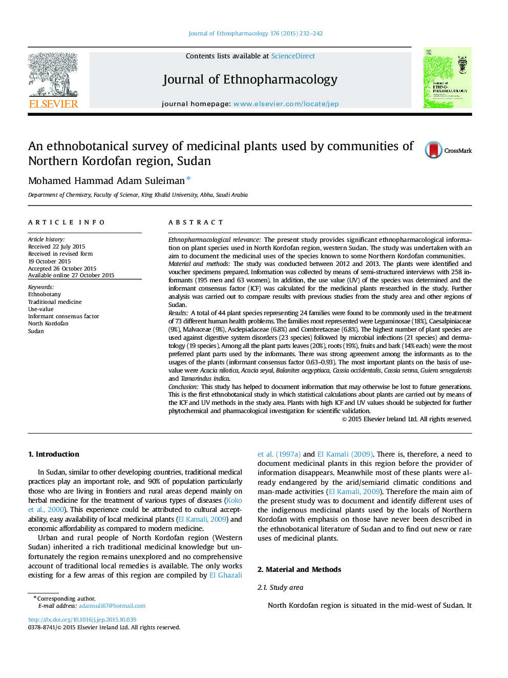 An ethnobotanical survey of medicinal plants used by communities of Northern Kordofan region, Sudan