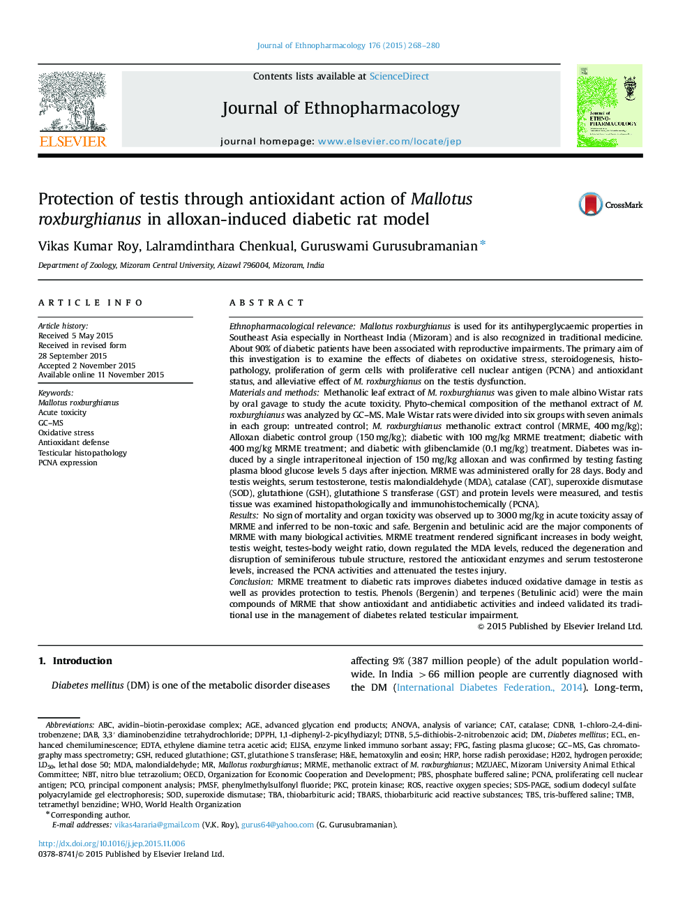 Protection of testis through antioxidant action of Mallotus roxburghianus in alloxan-induced diabetic rat model