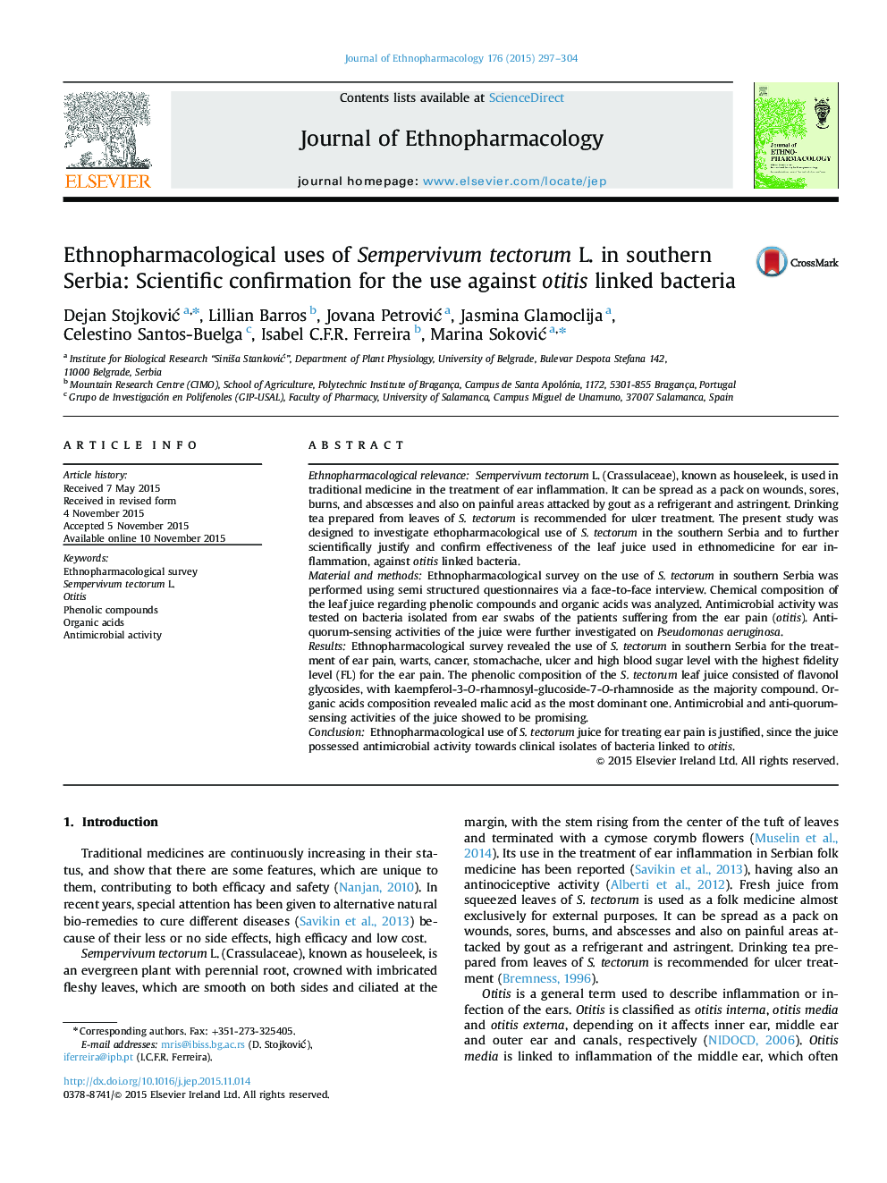 Ethnopharmacological uses of Sempervivum tectorum L. in southern Serbia: Scientific confirmation for the use against otitis linked bacteria