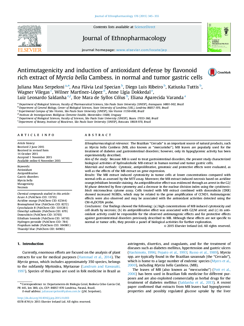 Antimutagenicity and induction of antioxidant defense by flavonoid rich extract of Myrcia bella Cambess. in normal and tumor gastric cells