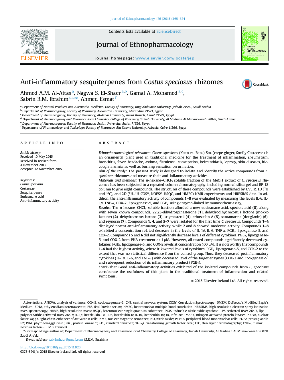 Anti-inflammatory sesquiterpenes from Costus speciosus rhizomes