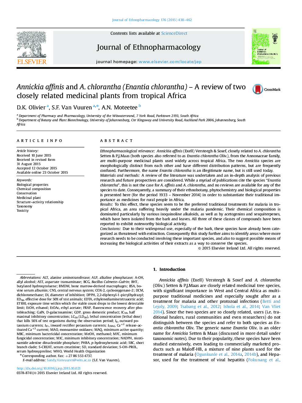 Annickia affinis and A. chlorantha (Enantia chlorantha) - A review of two closely related medicinal plants from tropical Africa