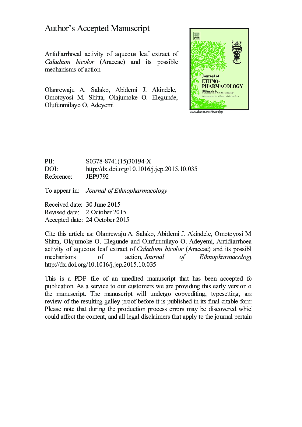 Antidiarrhoeal activity of aqueous leaf extract of Caladium bicolor (Araceae) and its possible mechanisms of action