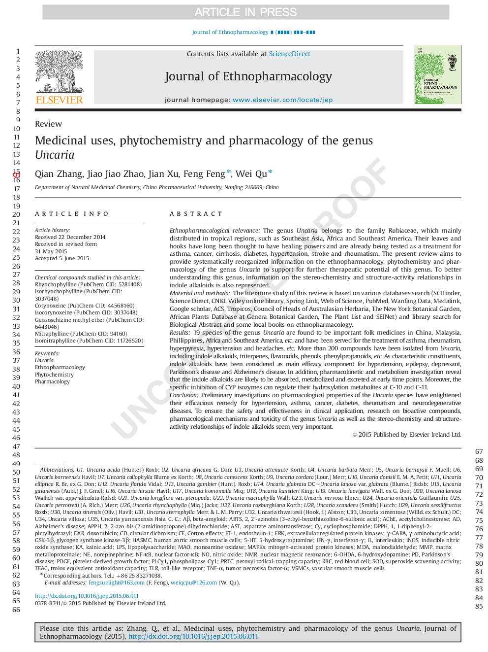 Medicinal uses, phytochemistry and pharmacology of the genus Uncaria