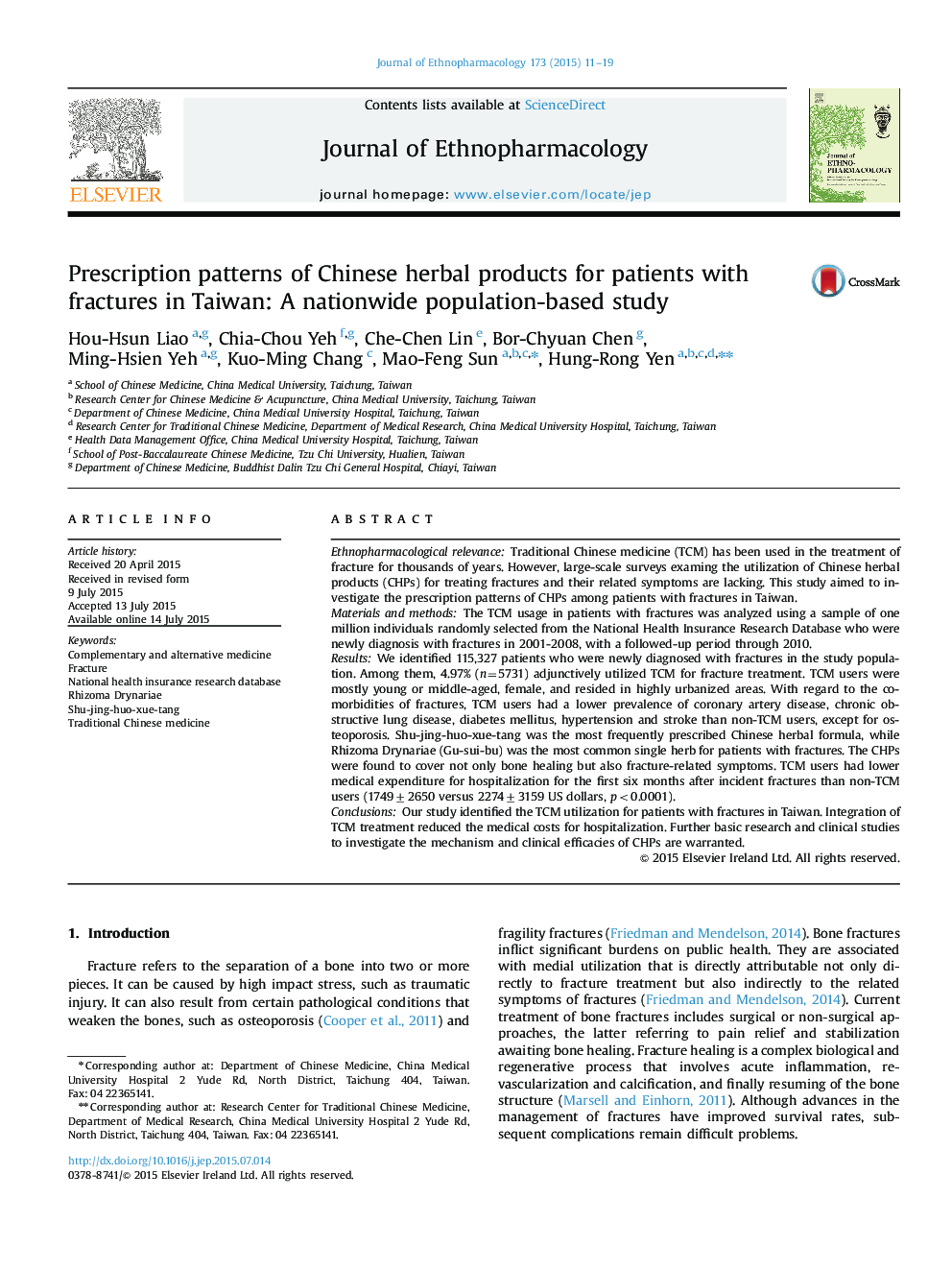 Prescription patterns of Chinese herbal products for patients with fractures in Taiwan: A nationwide population-based study