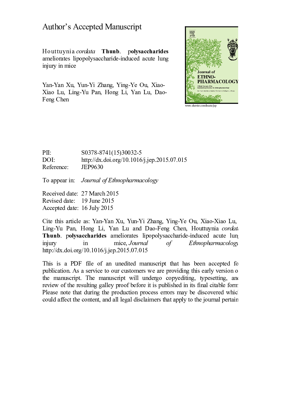 Houttuyniacordata Thunb. polysaccharides ameliorates lipopolysaccharide-induced acute lung injury in mice