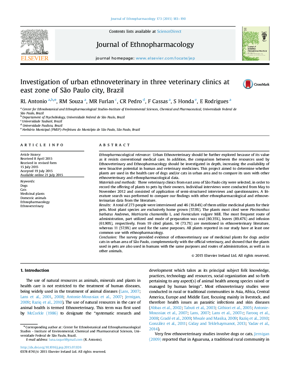 Investigation of urban ethnoveterinary in three veterinary clinics at east zone of SÃ£o Paulo city, Brazil