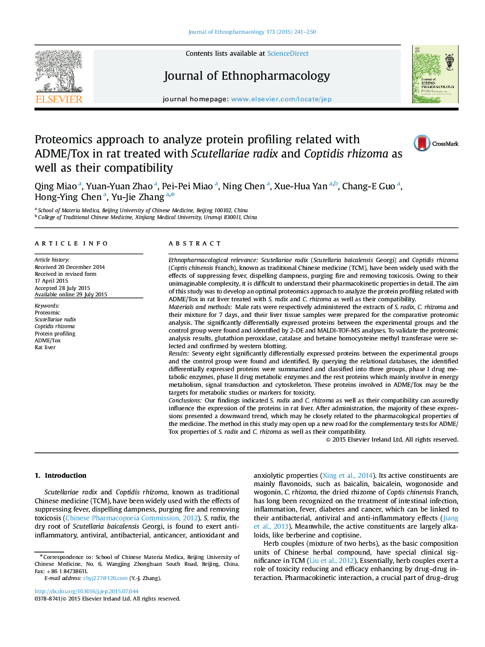 Proteomics approach to analyze protein profiling related with ADME/Tox in rat treated with Scutellariae radix and Coptidis rhizoma as well as their compatibility