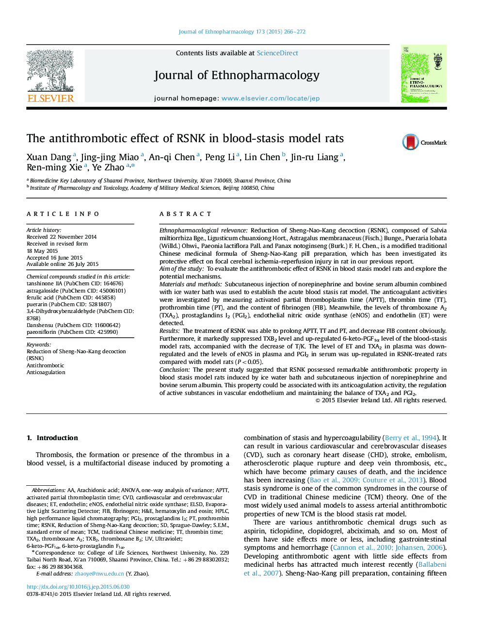 The antithrombotic effect of RSNK in blood-stasis model rats