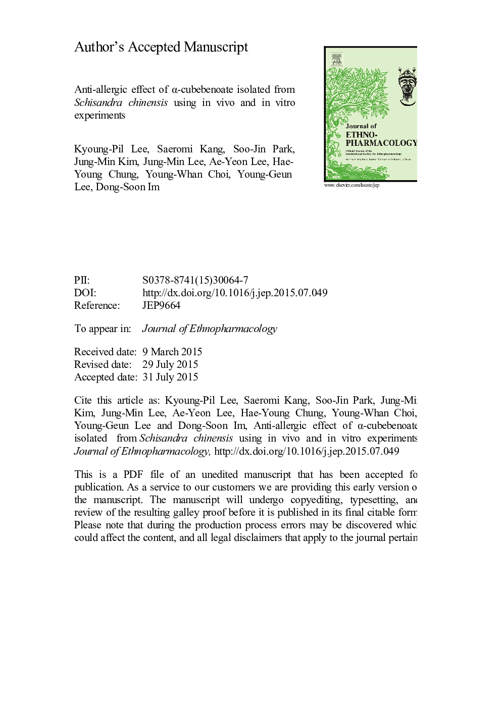 Anti-allergic effect of Î±-cubebenoate isolated from Schisandra chinensis using in vivo and in vitro experiments