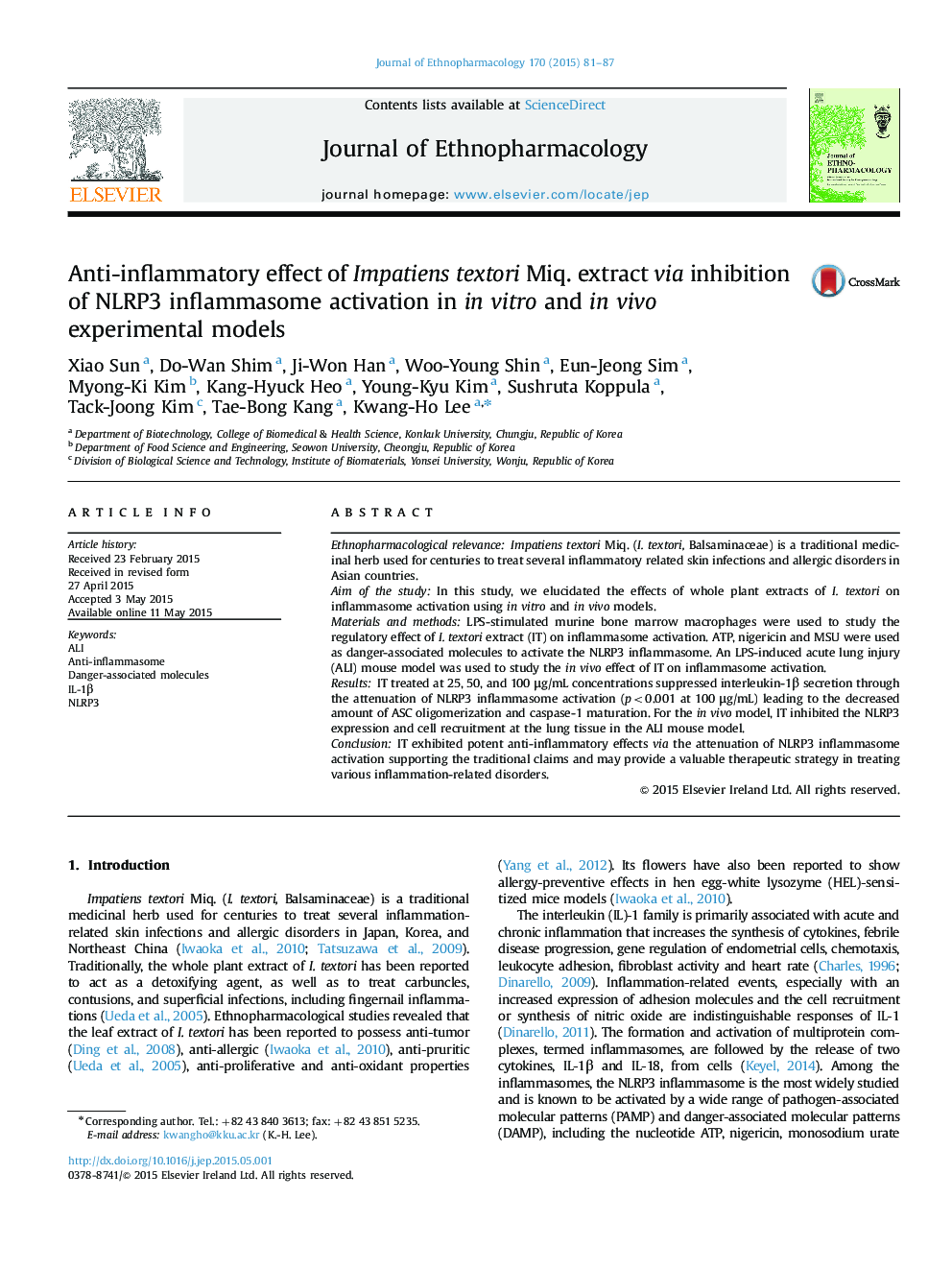 Anti-inflammatory effect of Impatiens textori Miq. extract via inhibition of NLRP3 inflammasome activation in in vitro and in vivo experimental models