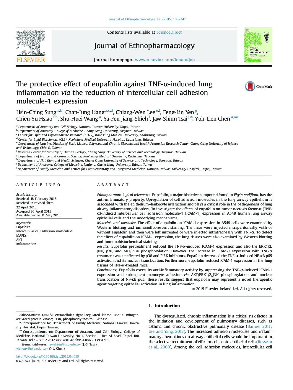 The protective effect of eupafolin against TNF-Î±-induced lung inflammation via the reduction of intercellular cell adhesion molecule-1 expression