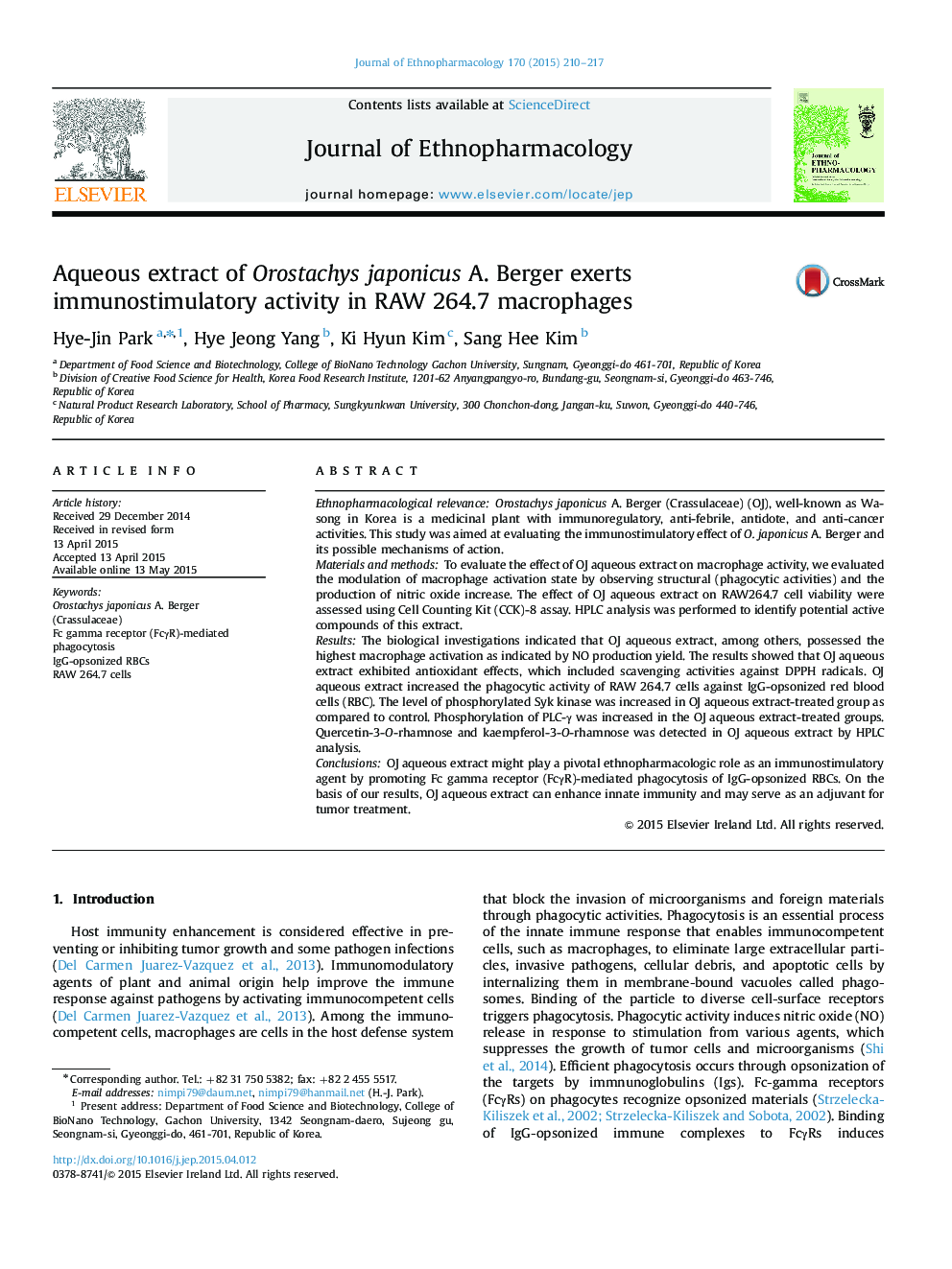 Aqueous extract of Orostachys japonicus A. Berger exerts immunostimulatory activity in RAW 264.7 macrophages