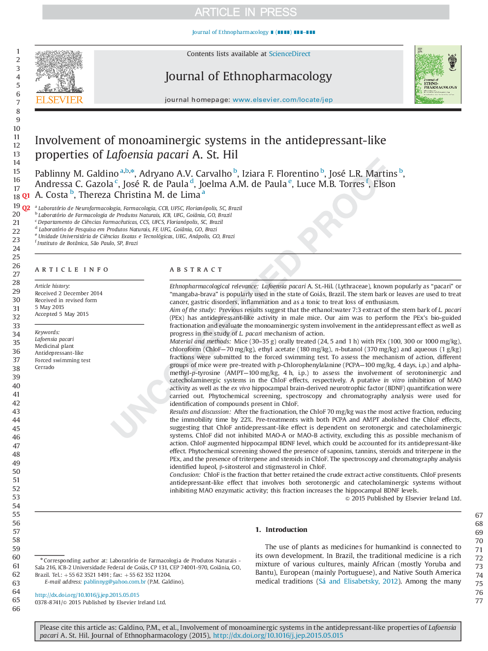 Involvement of monoaminergic systems in the antidepressant-like properties of Lafoensia pacari A. St. Hil