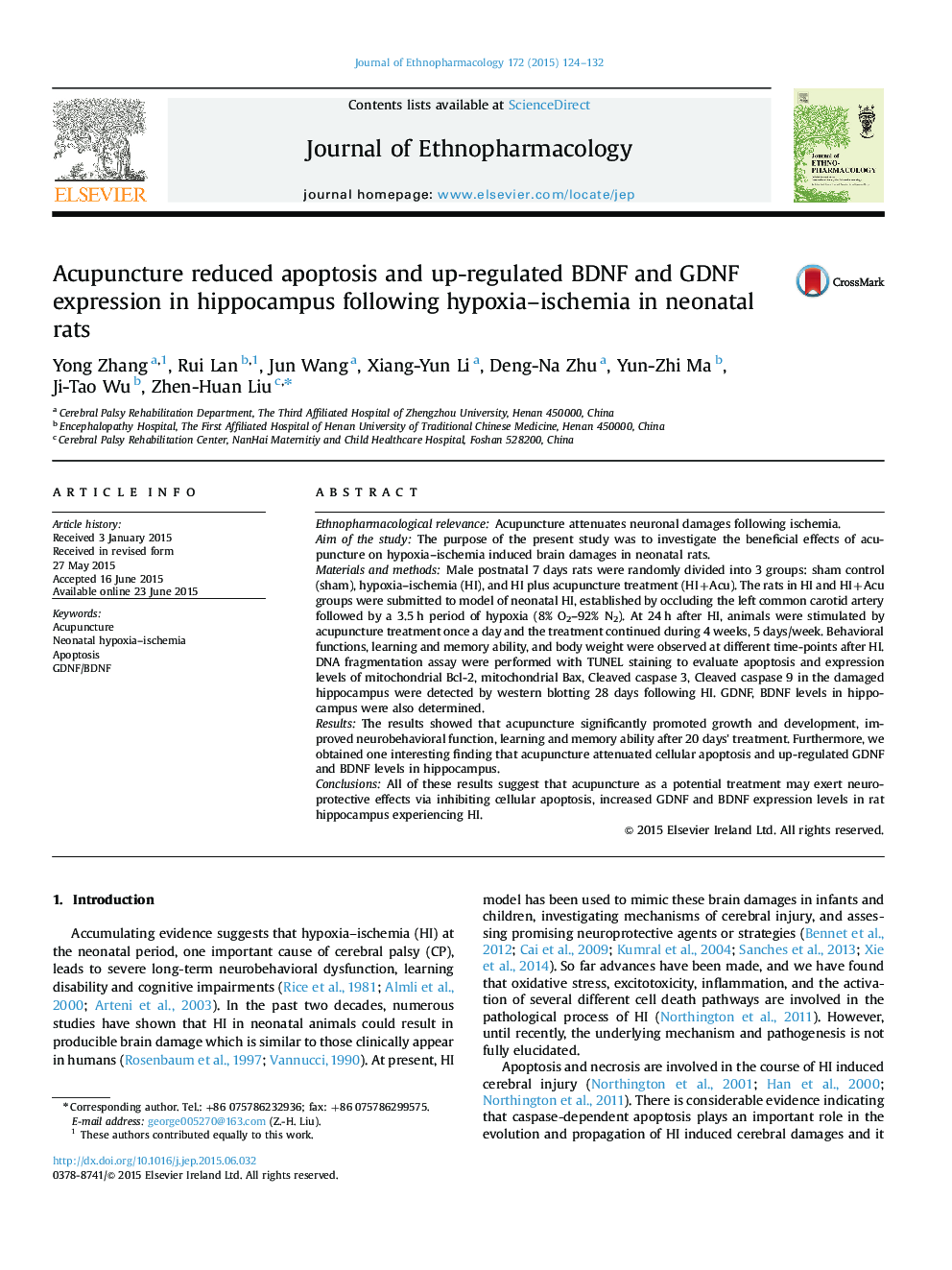 Acupuncture reduced apoptosis and up-regulated BDNF and GDNF expression in hippocampus following hypoxia-ischemia in neonatal rats