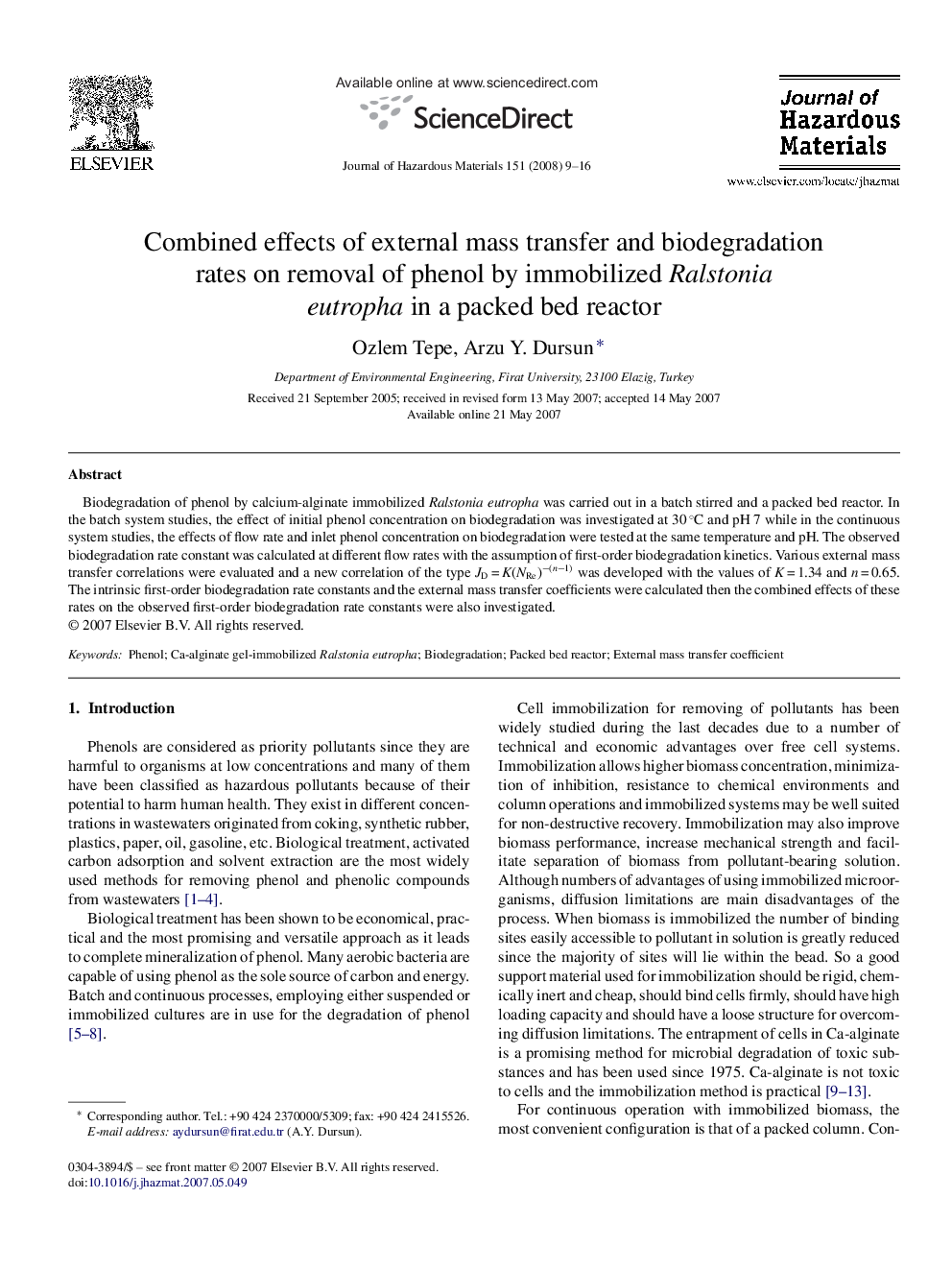 Combined effects of external mass transfer and biodegradation rates on removal of phenol by immobilized Ralstonia eutropha in a packed bed reactor