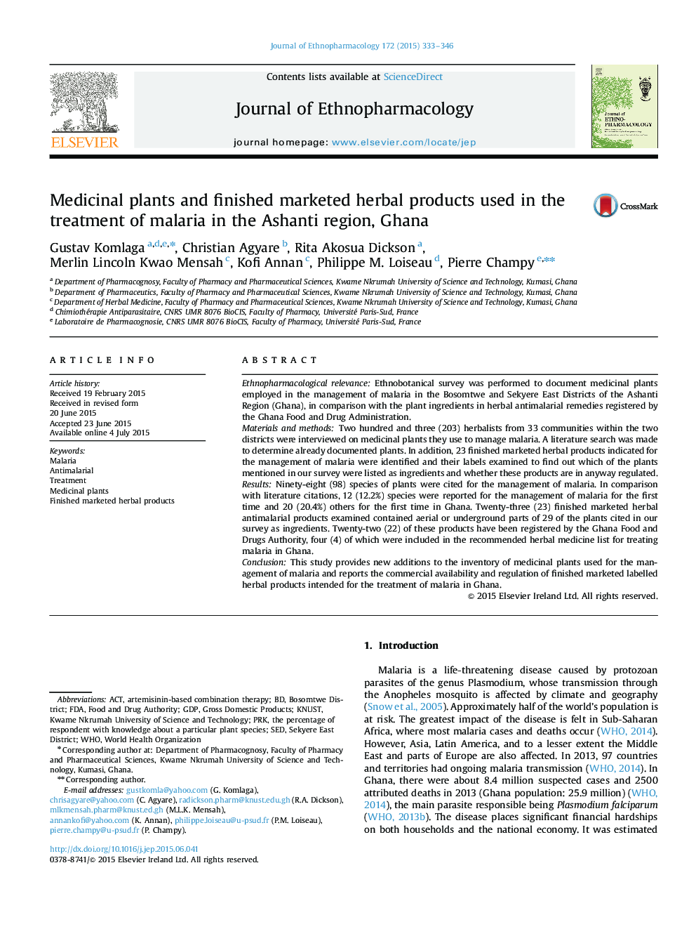 Medicinal plants and finished marketed herbal products used in the treatment of malaria in the Ashanti region, Ghana