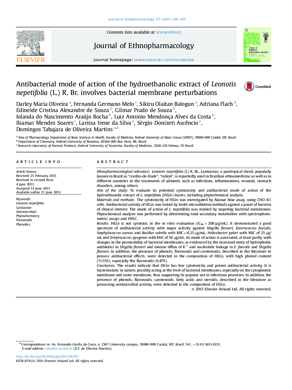 Antibacterial mode of action of the hydroethanolic extract of Leonotis nepetifolia (L.) R. Br. involves bacterial membrane perturbations