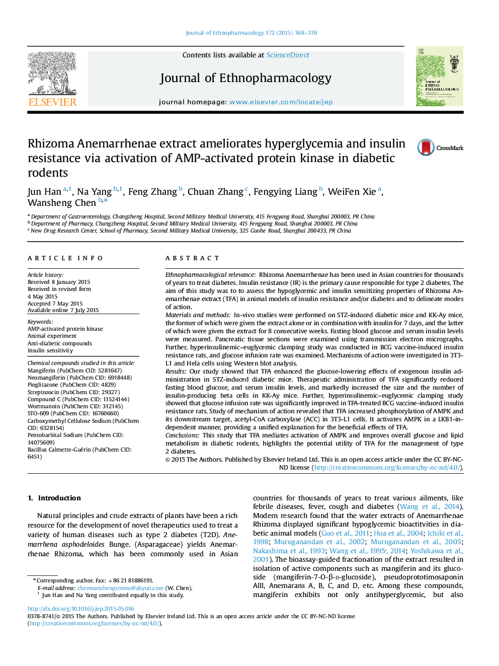 Rhizoma Anemarrhenae extract ameliorates hyperglycemia and insulin resistance via activation of AMP-activated protein kinase in diabetic rodents