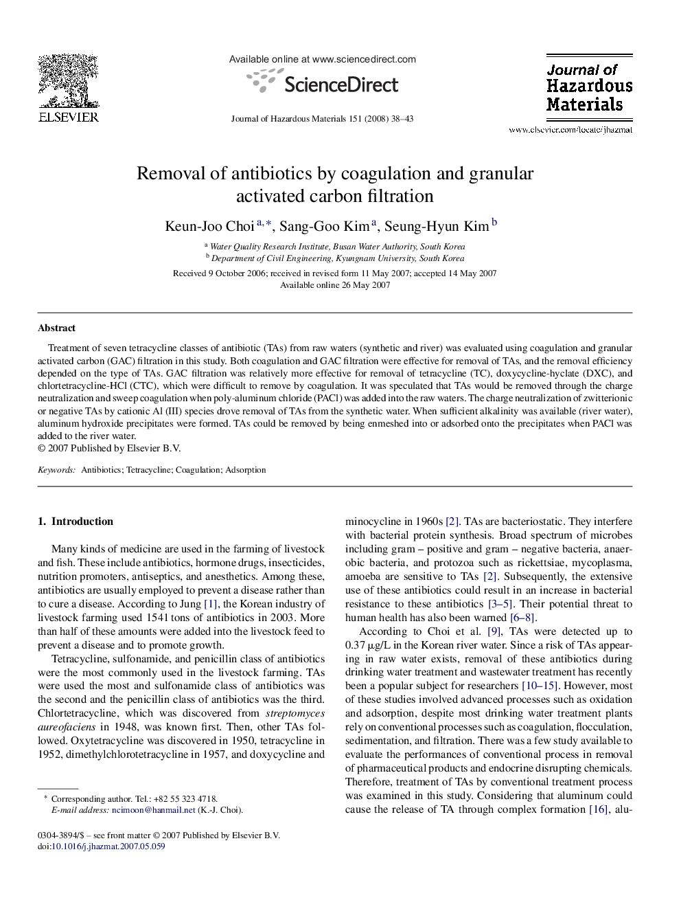 Removal of antibiotics by coagulation and granular activated carbon filtration