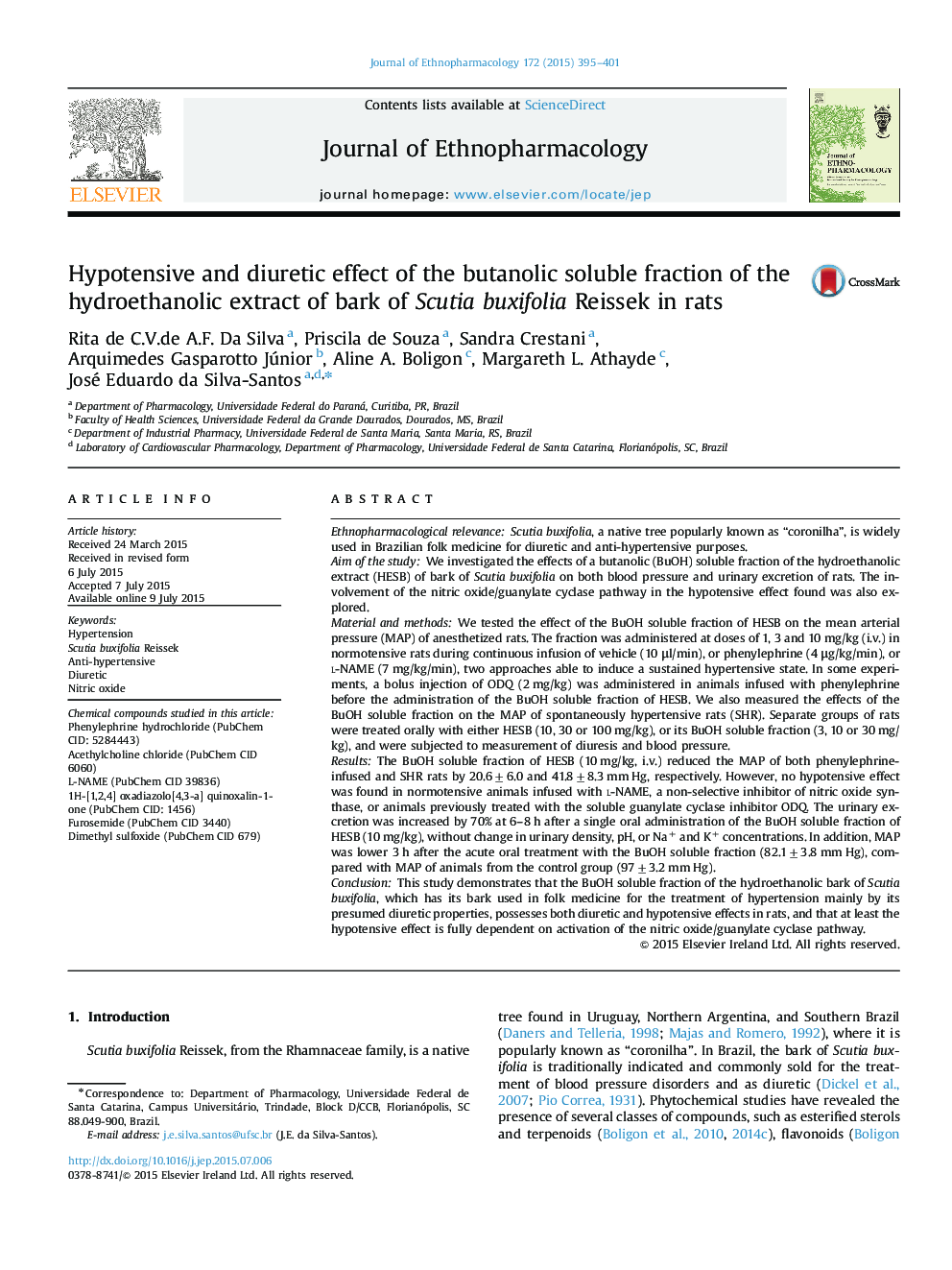 Hypotensive and diuretic effect of the butanolic soluble fraction of the hydroethanolic extract of bark of Scutia buxifolia Reissek in rats