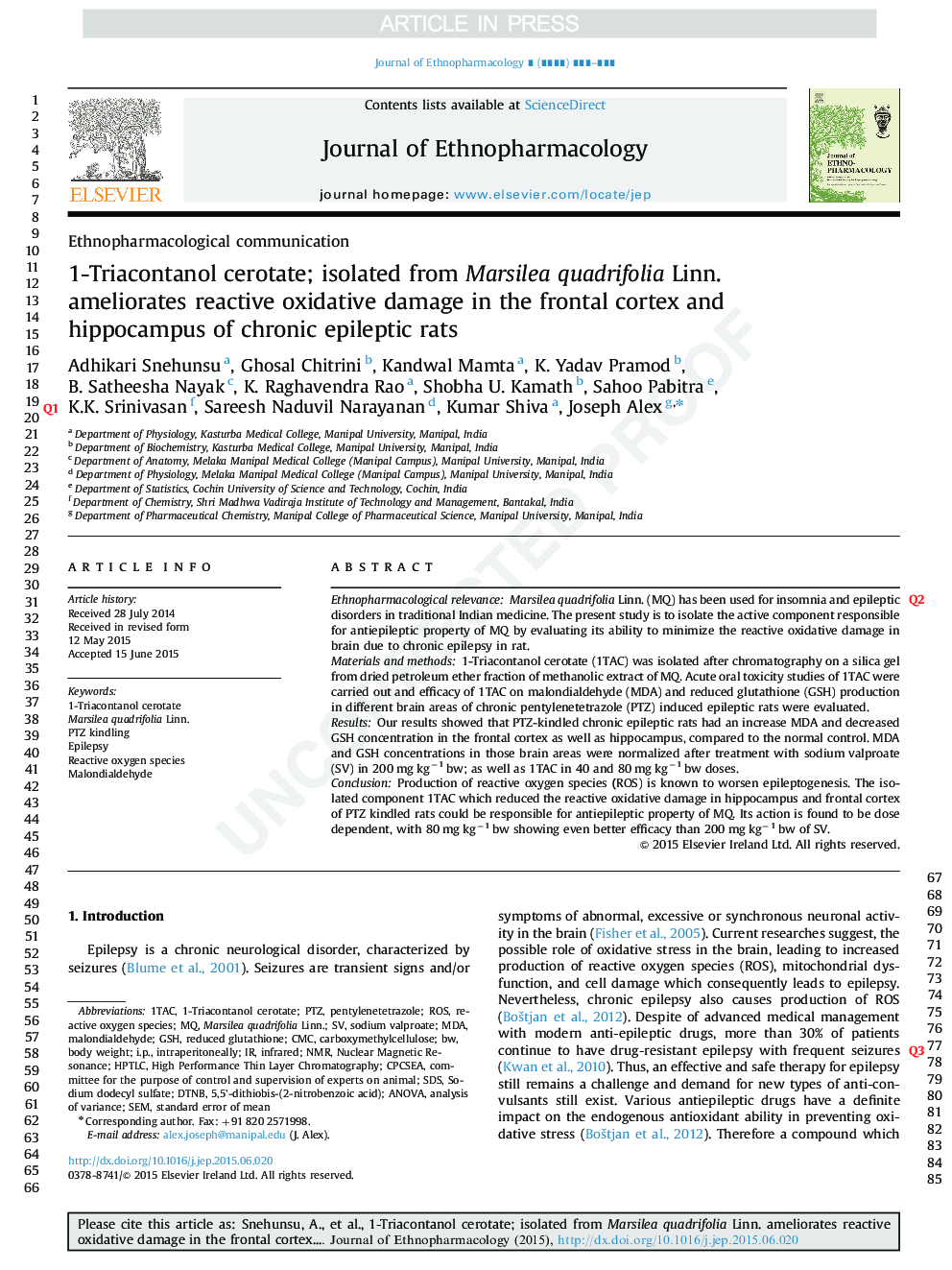 1-Triacontanol cerotate; isolated from Marsilea quadrifolia Linn. ameliorates reactive oxidative damage in the frontal cortex and hippocampus of chronic epileptic rats