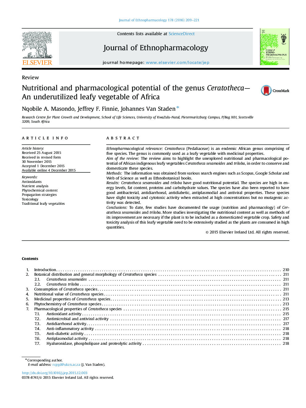 Nutritional and pharmacological potential of the genus Ceratotheca-An underutilized leafy vegetable of Africa