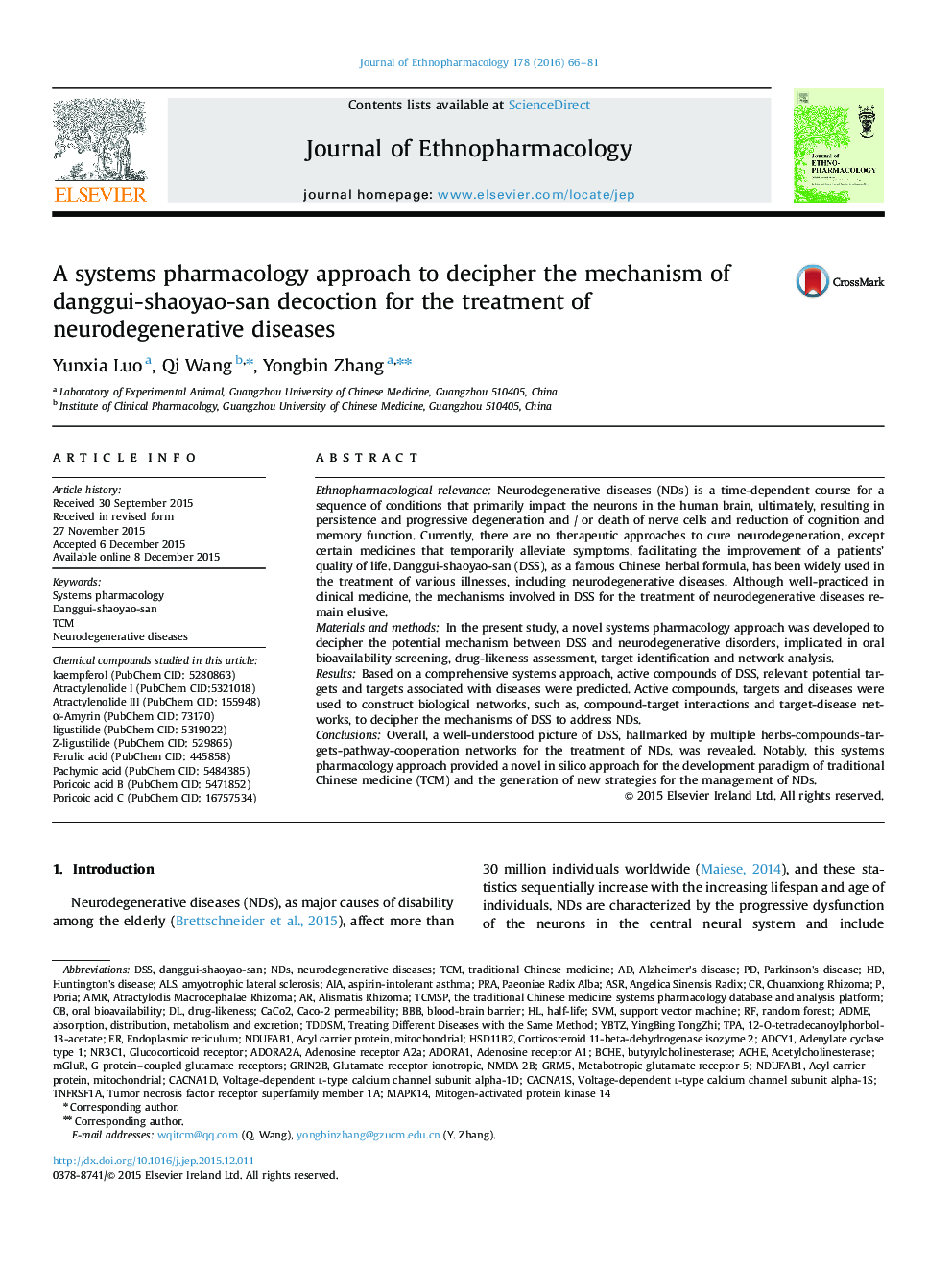 A systems pharmacology approach to decipher the mechanism of danggui-shaoyao-san decoction for the treatment of neurodegenerative diseases