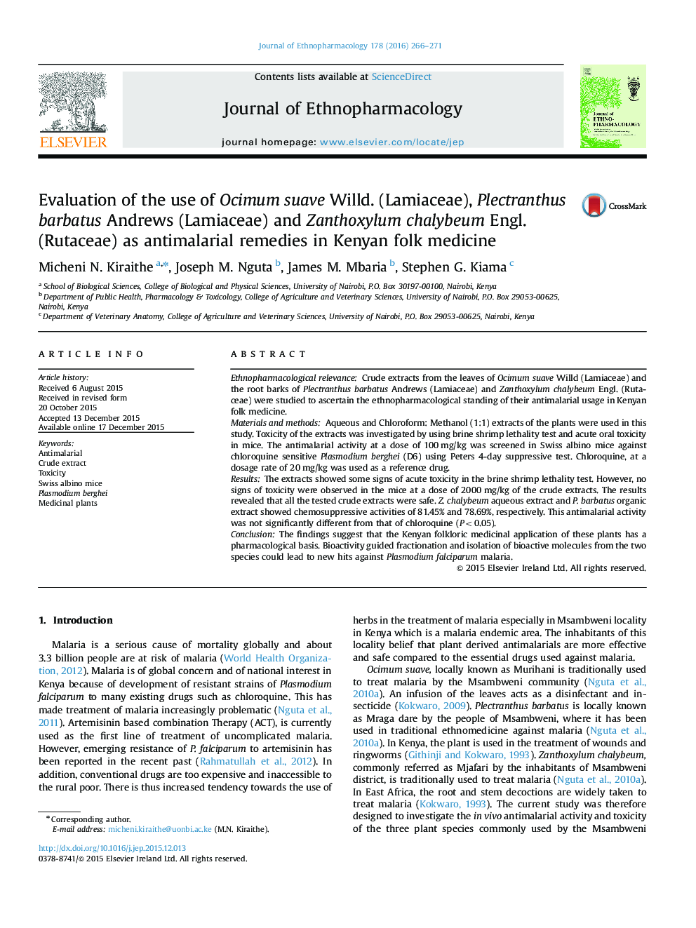 Evaluation of the use of Ocimum suave Willd. (Lamiaceae), Plectranthus barbatus Andrews (Lamiaceae) and Zanthoxylum chalybeum Engl. (Rutaceae) as antimalarial remedies in Kenyan folk medicine