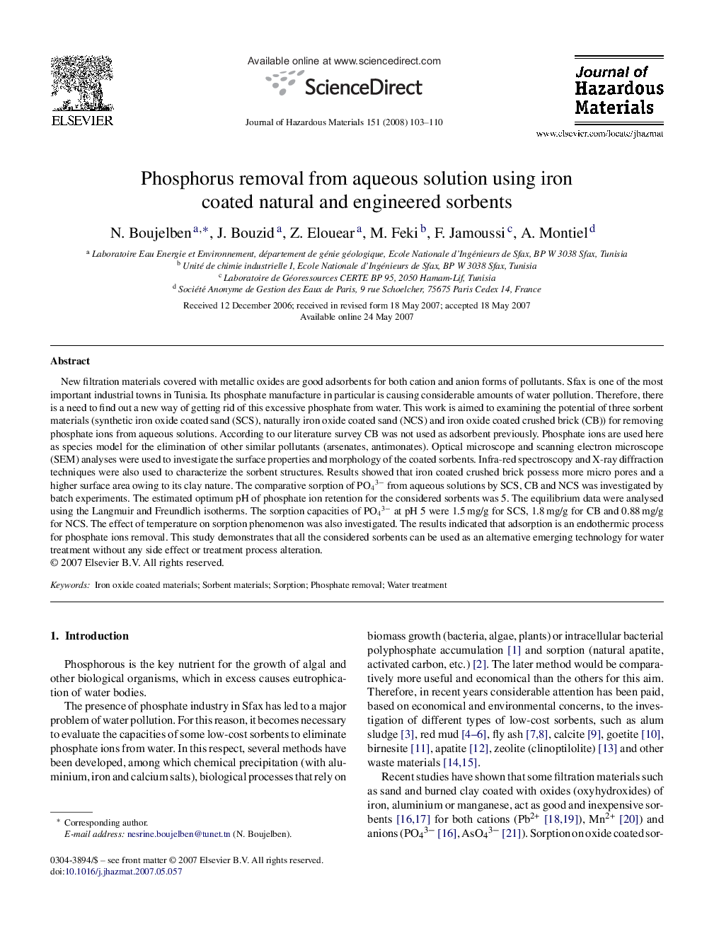 Phosphorus removal from aqueous solution using iron coated natural and engineered sorbents