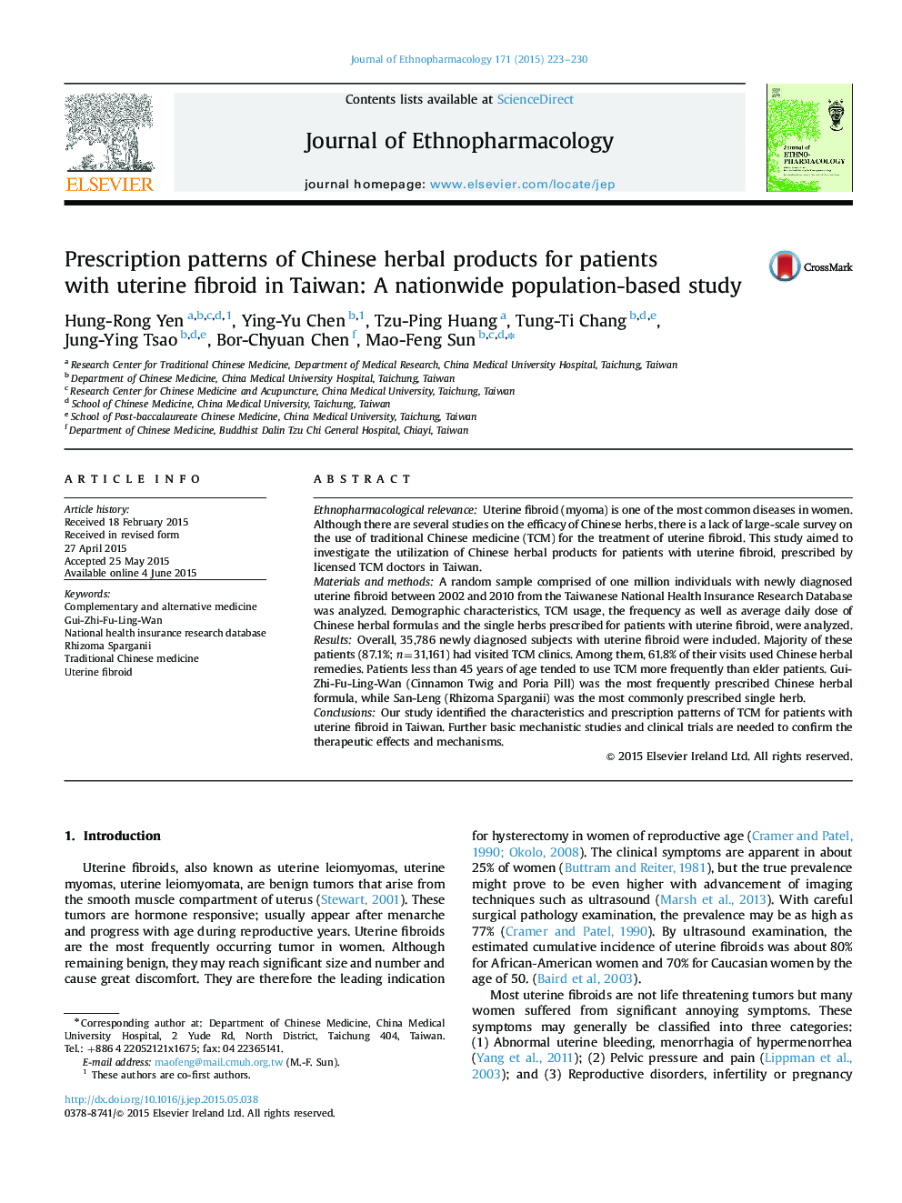 Prescription patterns of Chinese herbal products for patients with uterine fibroid in Taiwan: A nationwide population-based study