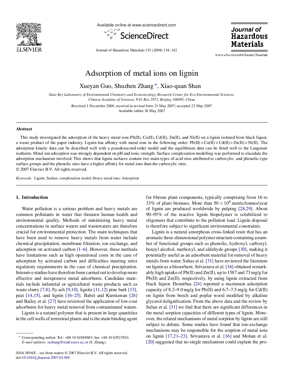 Adsorption of metal ions on lignin