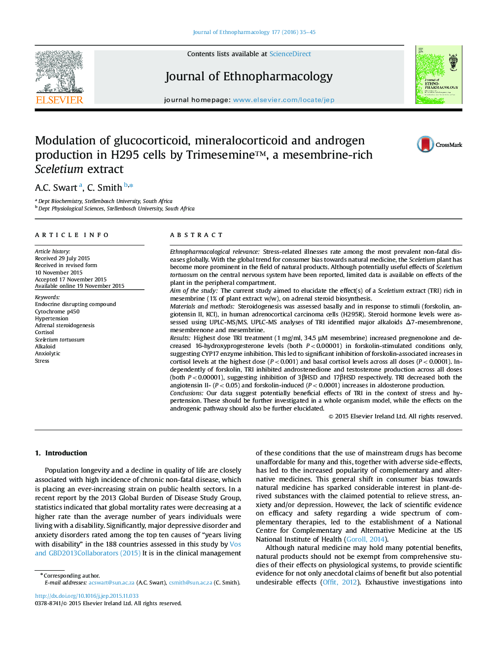 Modulation of glucocorticoid, mineralocorticoid and androgen production in H295 cells by Trimesemineâ¢, a mesembrine-rich Sceletium extract