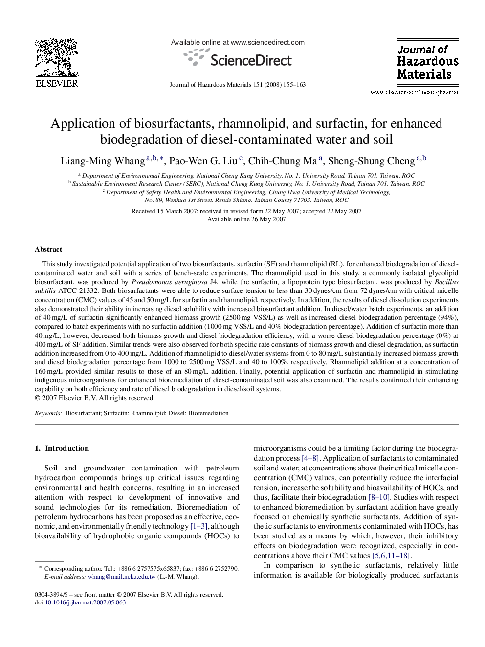 Application of biosurfactants, rhamnolipid, and surfactin, for enhanced biodegradation of diesel-contaminated water and soil